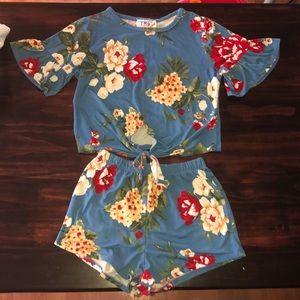 cropped blue set with flowers.